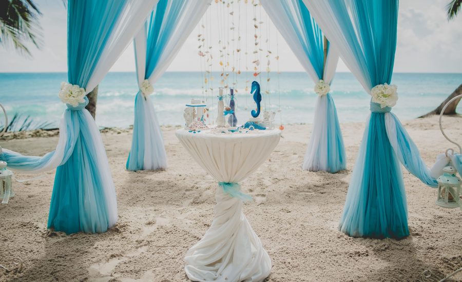 A blue and white wedding aisle in a beach surrounded by palms with the sea on the background