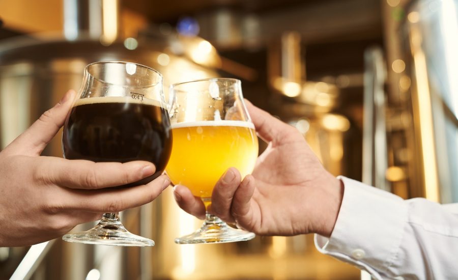 Close up of two male hands holding glasses with beer. Assortment of drinks. Dark and light beer. Industry of brewing beer. Equipment of modern mini brewery on background.